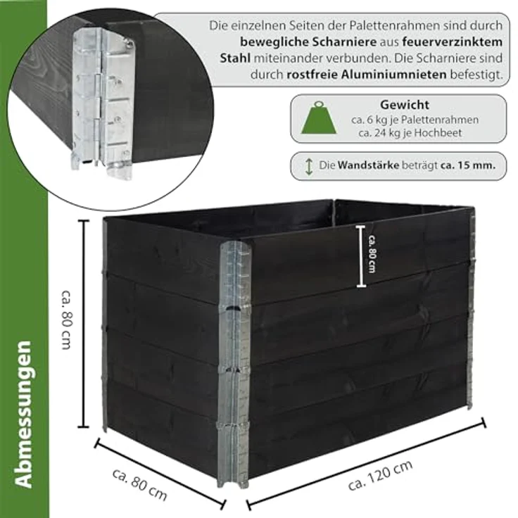 TRUTZHOLM Hochbeet 4er Set Palettenrahmen Pflanzbeet 120x80x80 cm aus Holz schwarz Garten Balkon stapelbar – Bild 3