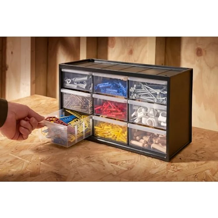 Stanley Kleinteilemagazin - Sortimentskasten (36.5x21.3x15.5cm, mit neun Schubladen, bruchfester Kunststoffrahmen, transparente Schubladen, geeignet für Wandmontage) 1-93-978 – Bild 2