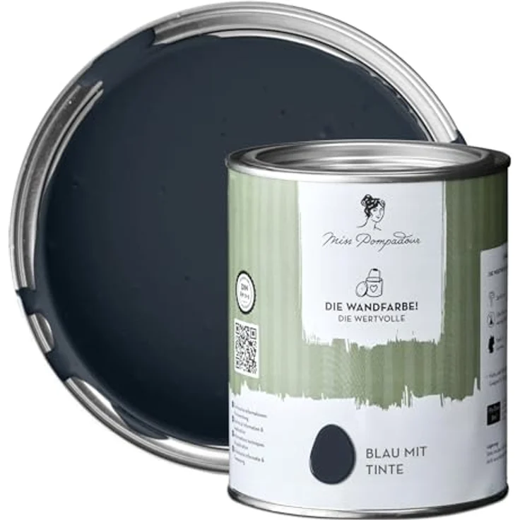 MissPompadour Wandfarbe Die Wertvolle, extramatte blaue Innenfarbe mit sehr hoher Deckkraft, 1 L, geruchsneutral und spritzfrei, wasserbasiert – Bild 1
