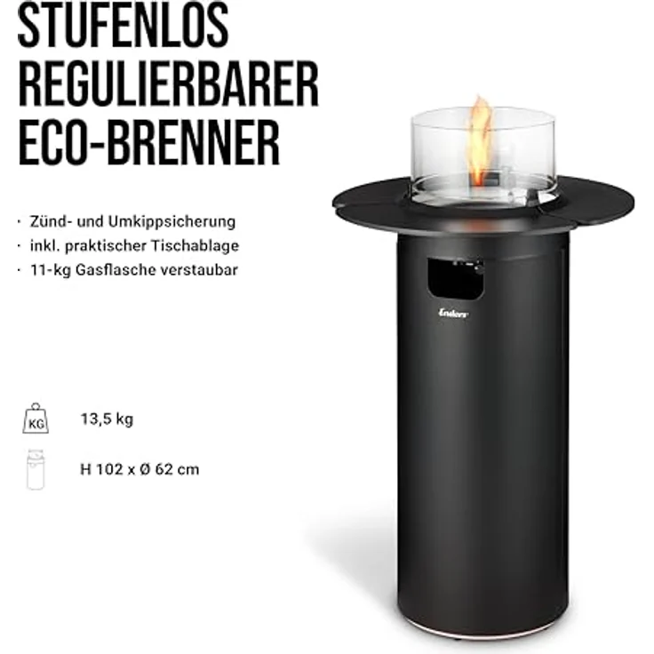 Enders Terrassenfeuer NOVA LED TABLE BLACK L, Gas Terrassenfeuer mit Ambientebeleuchtungen, ECO GREEN Brenner-Technologie und exzellentem Design, H102cm Ø 62cm, Tischablage, Schwarz #5901 – Bild 4