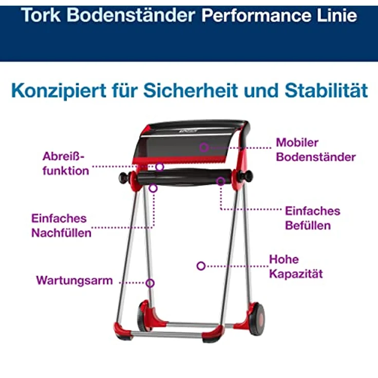 Tork Bodenständer für Wischtuchrollen W1, mobil, hohe Kapazität, rot und schwarz, Performance Linie, 652008 – Bild 3