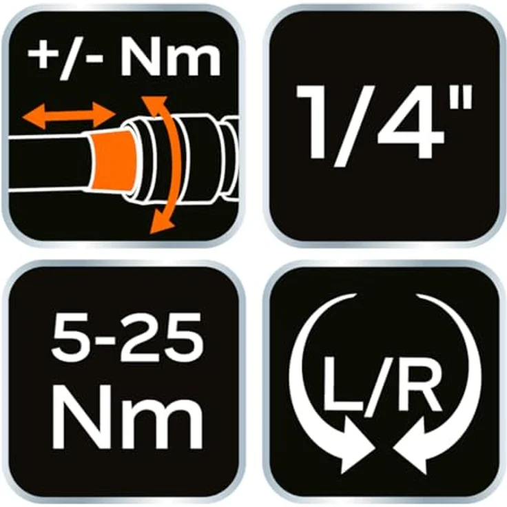 NEO TOOLS Drehmomentschlüssel 1/4 Zoll Set, 21-teilig mit 5-25 Nm Drehmomentbereich, Bits, Verlängerung und Adapter – Bild 2