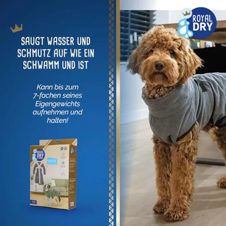 Royal Dry XL Bademantel für Hunde, Mikrofaser-Handtuch, Rückenlänge 70-80 cm, grau, schnell trocknend mit Klettverschluss – Bild 4
