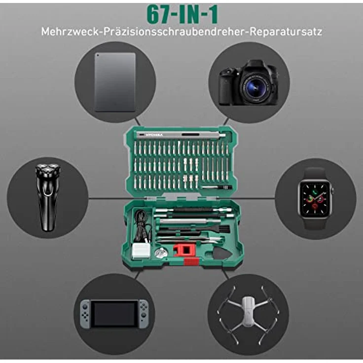 Elektrischer Schraubendreher Feinmechaniker Set, 67 in 1 HYCHIKA Mini Schraubenzieher Werkzeug set LED-Lichter USB Wiederaufladbar Magnetische Bohrer für PC Kamera Telefon Drohne Spielkonsole – Bild 3