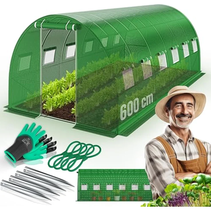 KESSER® Folien-Gewächshaus mit 12 Fenstern & Tür | Stabiler Gartentunnel aus verzinktem Stahl | 170g/m² Folientunnel 600x300cm Grün – Bild 1