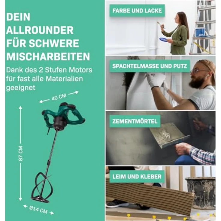 VONROC Mörtelrührer inkl. Rührwerk [1800W], Betonmischer Quirl mit Sanftanlauf, 2 Geschwindigkeitsmodi, ergonomischer Griff, 3 Meter Gummikabel – Bild 4