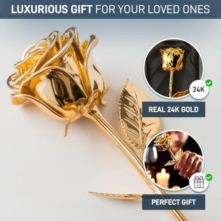Mikamax Kunstpflanze Goldene Rose, 30 cm, vergoldete Ewigkeitsrose mit Geschenkbox und Echtheitszertifikat – Bild 4