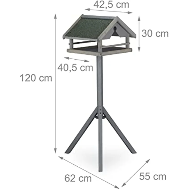 Relaxdays Vogelfutterhaus mit Ständer, wetterfestes Dach, Holz Vogelhaus, HBT: 120x62x55 cm, Futterhaus Wildvögel, grau – Bild 4