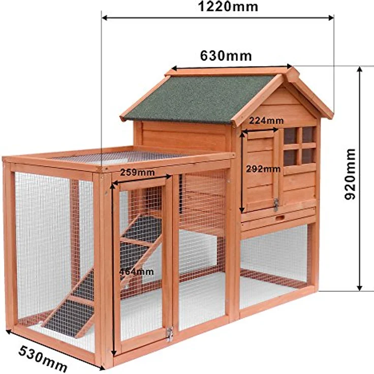Wiltec Hasenstall 1220 x 630 x 920 mm mit Freilaufgehege und erhöhtem Unterschlupf, Fichtenholz, 2 Etagen, Kleintierstall, grün – Bild 5