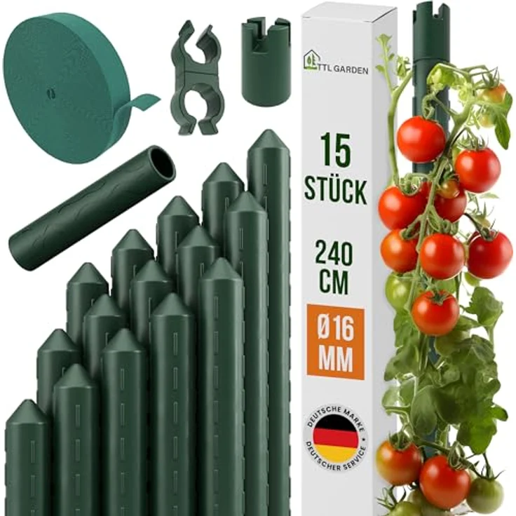 TTL GARDEN Rankstäbe 15er Set, 240 cm x 16 mm Ø, grün, extra stabil mit Klettband und Clips, rostfreier Stahl, ideal für Tomaten und Kletterpflanzen – Bild 1