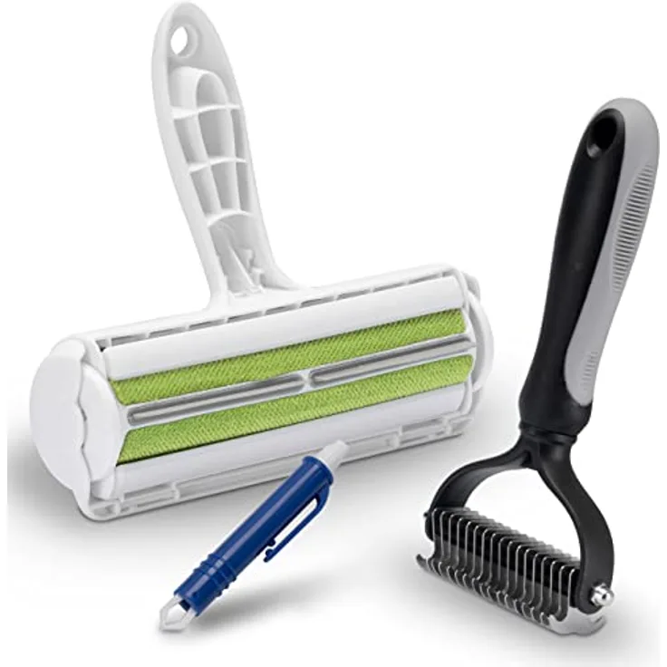 FinoPet 3er Set Hundebürste, Katzenbürste, XL Fusselrolle und Zeckenzange im Aktionsset, Langhaar und Unterwolle Fellbürste, Tierhaarentferner, Automatische Zeckenentfernung