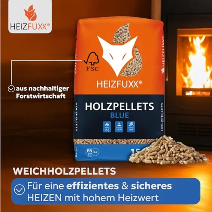 HEIZFUXX Holzpellets Blue Palette 975 kg (65 x 15 kg) - 6mm Weichholz Pellets mit hohem Heizwert & geringem Ascheanteil für Kamin, Ofen und Grill – Bild 2