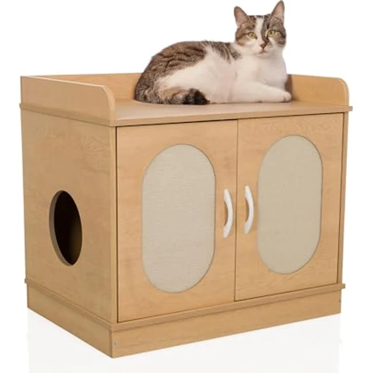 hjh LIVING KITTYHOME 2, Katzenhaus aus MDF, laminiert, mit Katzentoilette, großen Doppeltüren und integrierten Kratzbrettern, Landhausstil – Bild 2