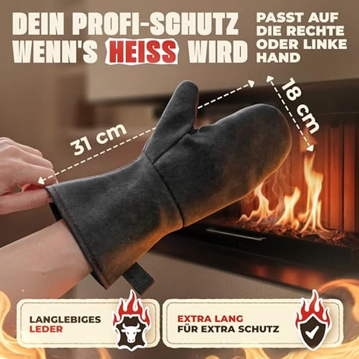 achilles Grillhandschuhe Grillhandschuh Kaminhandschuh mit Isolierung Ofenhanschuh aus Leder, hitzeresistent, Universalgröße, Baumwollfutter – Bild 3