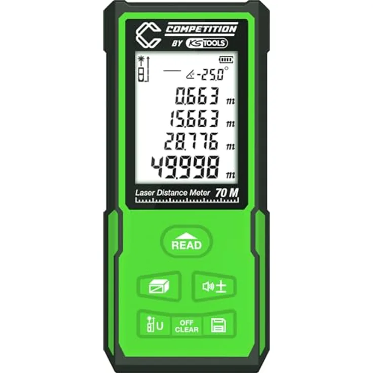 KS Tools 512.3000 COMPETITION Laser-Entfernungsmesser bis 70 m, LCD Display mit Hintergrundbeleuchtung, Winkelberechnung, Laserklasse 2