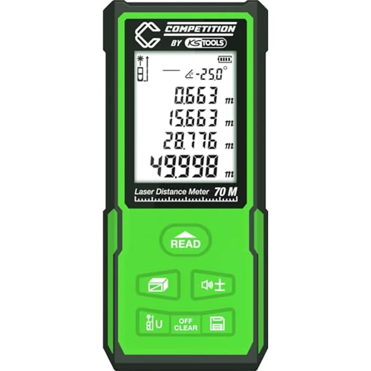 KS Tools 512.3000 COMPETITION Laser-Entfernungsmesser bis 70 m, LCD Display mit Hintergrundbeleuchtung, Winkelberechnung, Laserklasse 2 – Bild 1