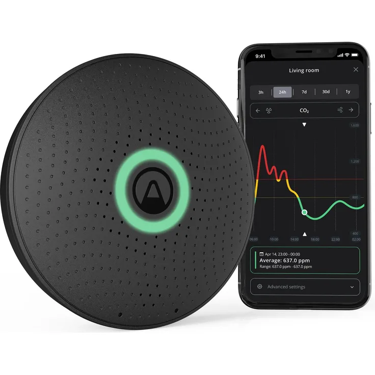 Airthings Wave Plus, Luftqualitätsmonitor mit Thermometer und Hygrometer, Schwarz, 6 Sensoren, Bluetooth-App, lokale Pollenwerte