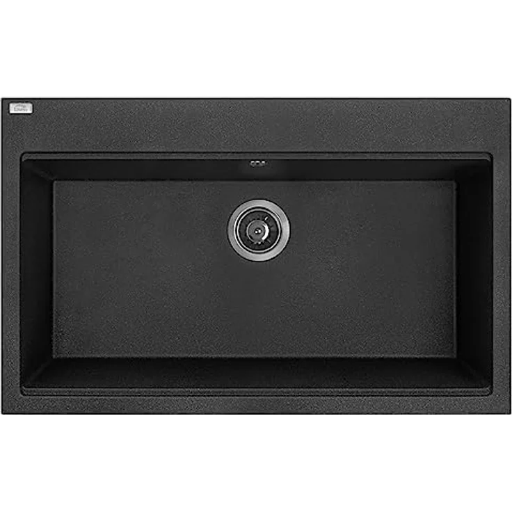 KOLMAN Granitspüle Tau Spülbecken Einzelbecken mit Space Saving Siphon (Schwarz, 50x80 cm) - Tiefes, funktionales Spülbecken mit Überlaufschutz und Stöpsel – Bild 1
