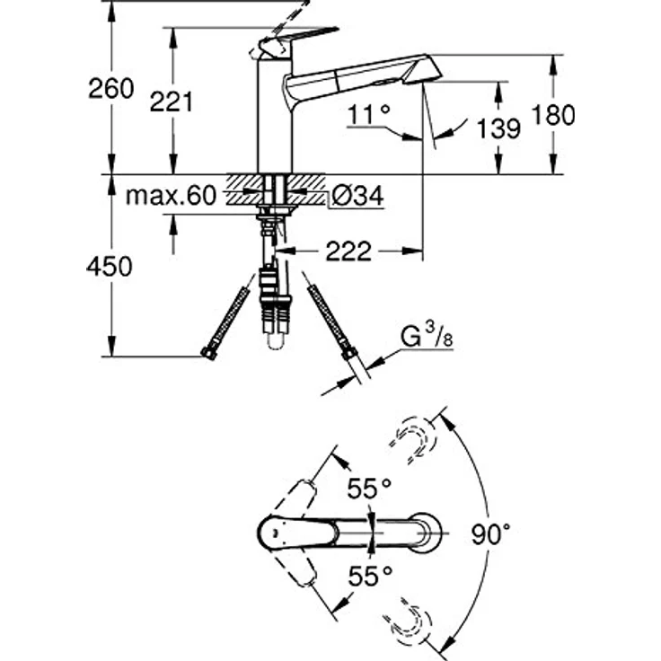 Grohe Küchenarmatur Eurodisc Cosmopolitan, mittelhoher Auslauf, herausziehbare Brause, Chrom, 2 Strahlarten – Bild 2