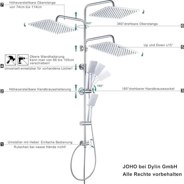 JOHO Edelstahl Duschset ohne Armatur, Regendusche Duschsystem mit höhenverstellbarer Duschstange und XXL Kopfbrause 35x25cm, chrom – Bild 5