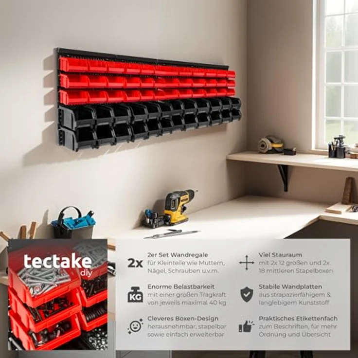 tectake® Werkstatt Wandregal, 62-teilig, inkl. Stapelboxen und Kleinteilemagazin, flexibles Ordnungssystem für Werkstatt und Garage – Bild 2