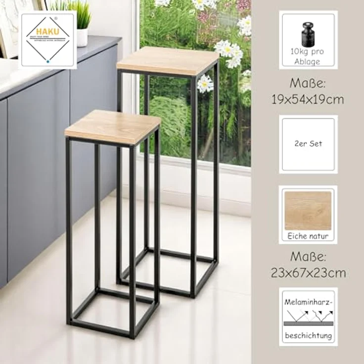 HAKU Blumenständer Haku Blumenständer / Blumensäule 2er-Set schwarz-eiche, elegantes Design aus Stahlrohr und Eiche-Dekor – Bild 9