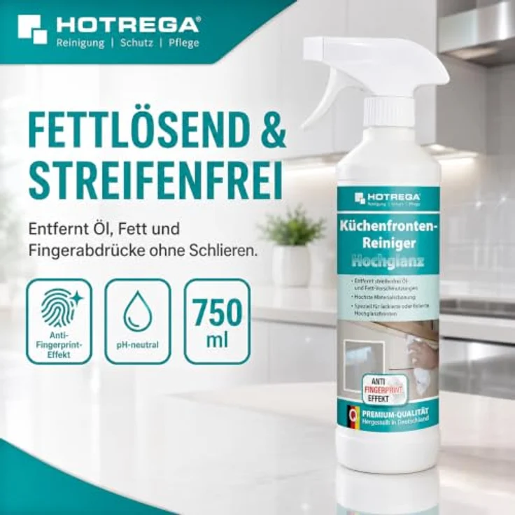 HOTREGA® Küchenfronten Reiniger, Hochglanz-Oberflächen 500ml mit Anti-Fingerprint Effekt inkl. Microfasertuch – Bild 2