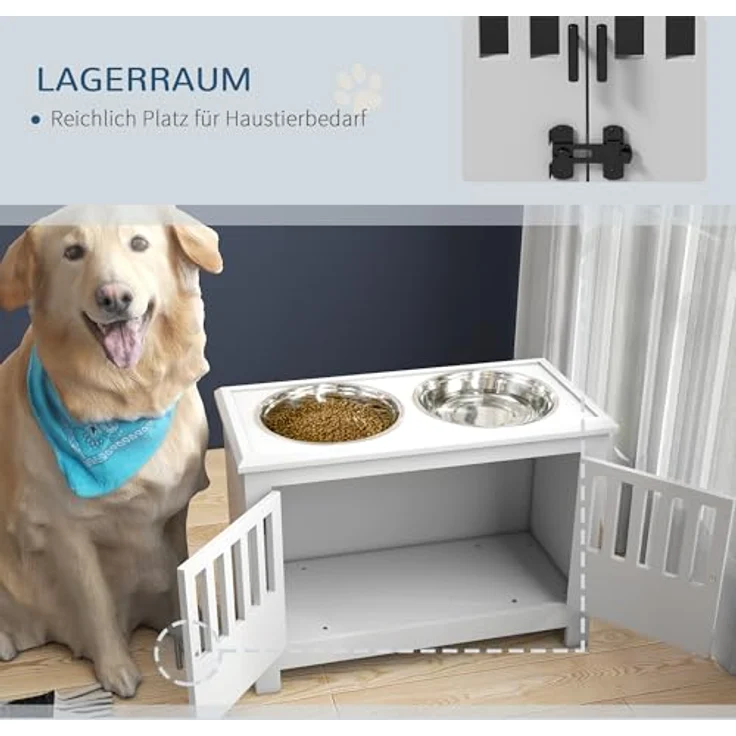 PawHut Futternapf, Erhöhte Futterstation mit 2L Edelstahlschale, Stauraum, Doppeltür mit Schloss, Hundebar für extra große Hunde, Weiß – Bild 4