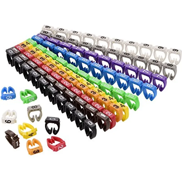 TPFNet Kabelmarker-Clips/Kennzeichnungsclip 0-9" Bunte Kabelbinder Clips für Durchmesser 4-6 mm - 100 farbige Kennzeichnungsringe, einfache Montage