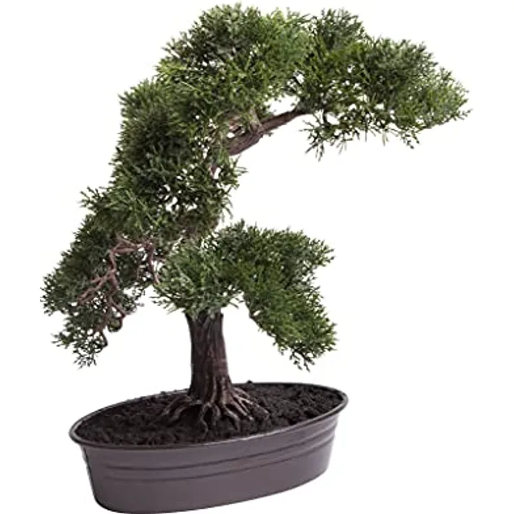 künstlicher Cedern Bonsai in brauner ovaler Metallschale