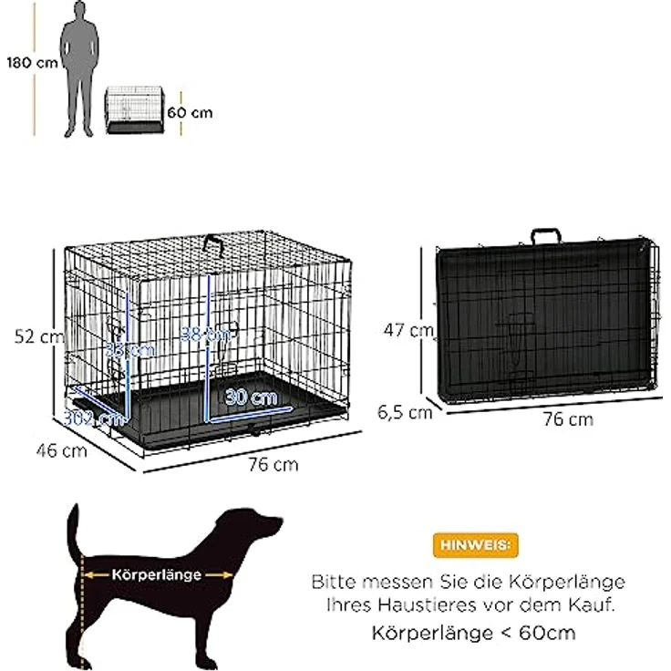 PawHut Hundekäfig Transportkäfig Drahtkäfig Hundebox Transportbox Reisebox mit 2 Türen Schwarz 76x53x57 cm – Bild 3