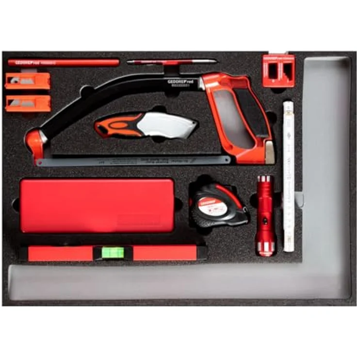 Gedore Red Werkzeugkoffer R22350004, Werkzeugsatz mit Messwerkzeugen und Schneidwerkzeugen, inkl. Multisäge, digitalem Messschieber, Profi-Cuttermesser und LED-Taschenlampe – Bild 2