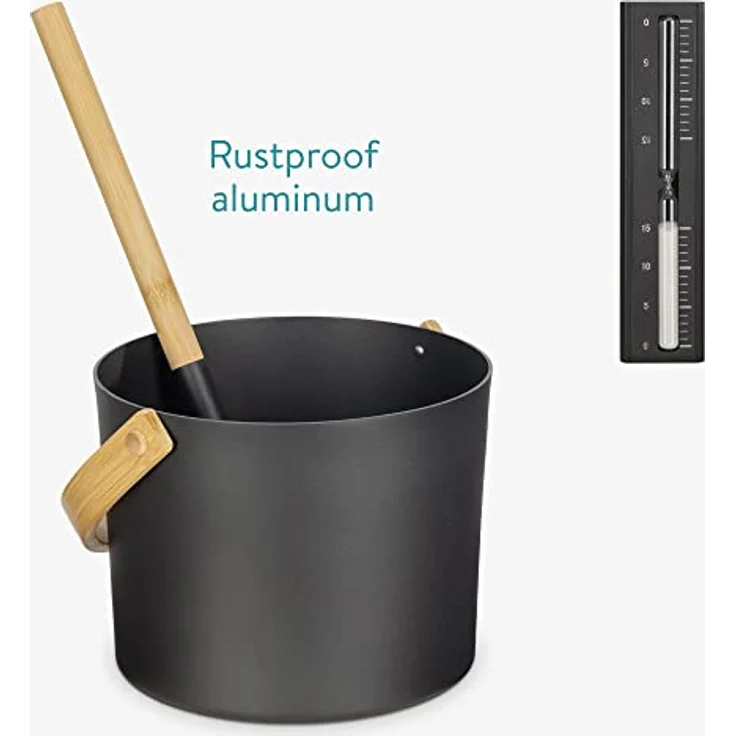 Navaris Aluminium Saunakübel Set 3tlg., inkl. Kelle und Sanduhr, leichter 5L Aufgusseimer mit Bambusgriff, schwarz natur – Bild 4