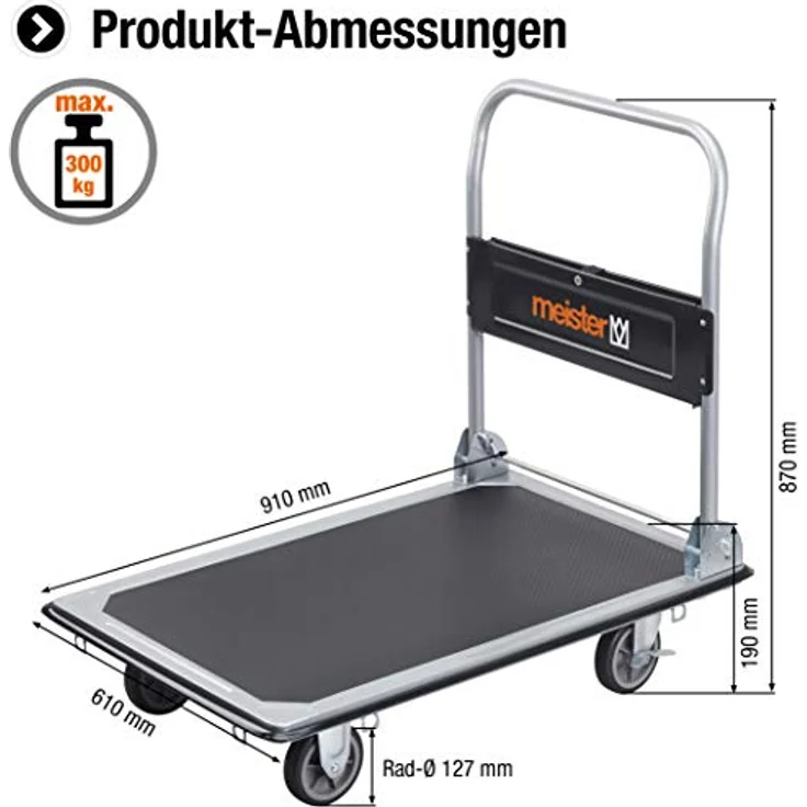 Meister Plattformwagen - Klappbar - Bis 300 kg Tragkraft - Feststellbremse - Transporthilfe mit Lenkrollen - Paketwagen mit Antirutsch-Beschichtung - Klappwagen aus Stahl - 8985540 – Bild 2
