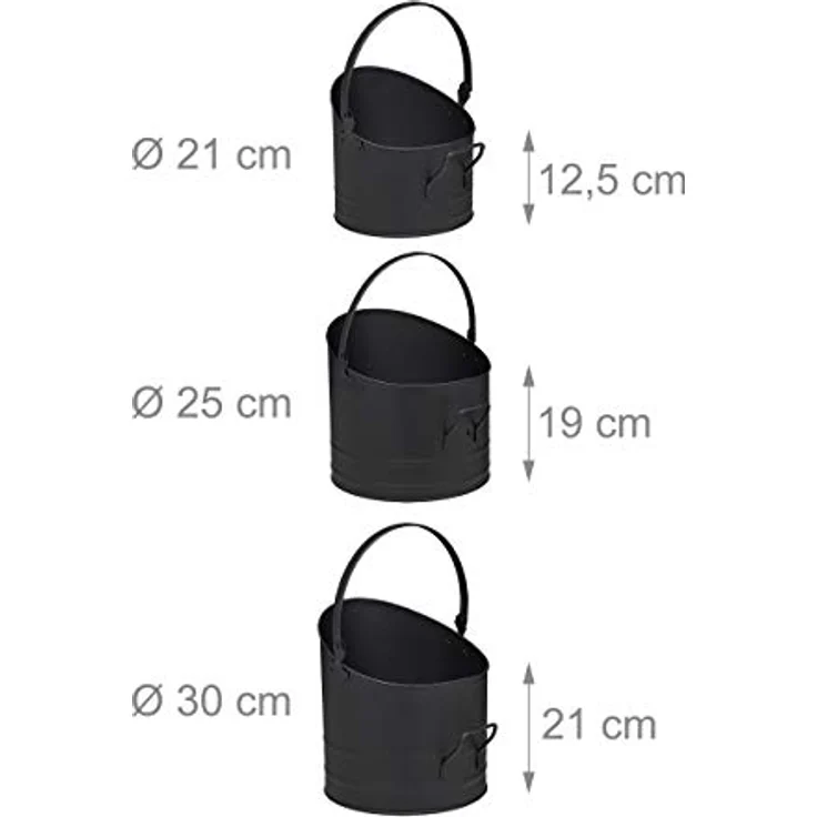 Pelleteimer 3er Set, je 21, 25 & 30 cm, Griff & klappbarer Henkel, Metall Kohleeimer, Kaminzubehör, schwarz – Bild 5