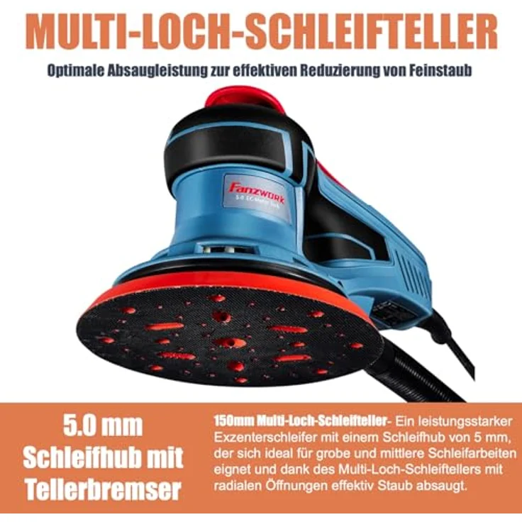 FANZTOOL FANZWORK Bürstenloser Exzenterschleifer HG0024, 125mm/150mm Schleifteller, 5mm Schleifhub, 7-Stufige Drehzahlregelung bis 10.000 U/min, Tellerbremse, Tragkoffer mit 18x Schleifgitter – Bild 3