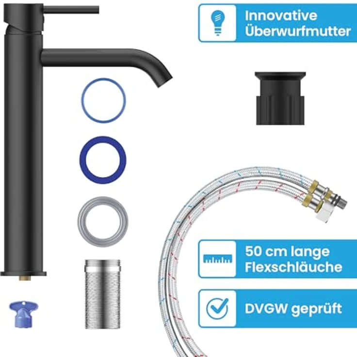 Bächlein Badarmatur Susara hoch mit gebogenem Auslauf, Extra hoher Design Einhebelmischer für Aufsatzwaschbecken mit langlebiger Keramikkartusche und Montage-Set, Bad Wasserhahn Matt Schwarz - Preisvergleich – Bild 4
