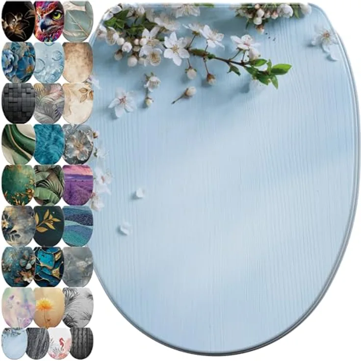 Sanilo WC Sitz mit Absenkautomatik Top Fix Sakura, bruchfester Holz-Sitz mit antibakterieller Beschichtung und bequemen Komfort, 46-48 cm verstellbar