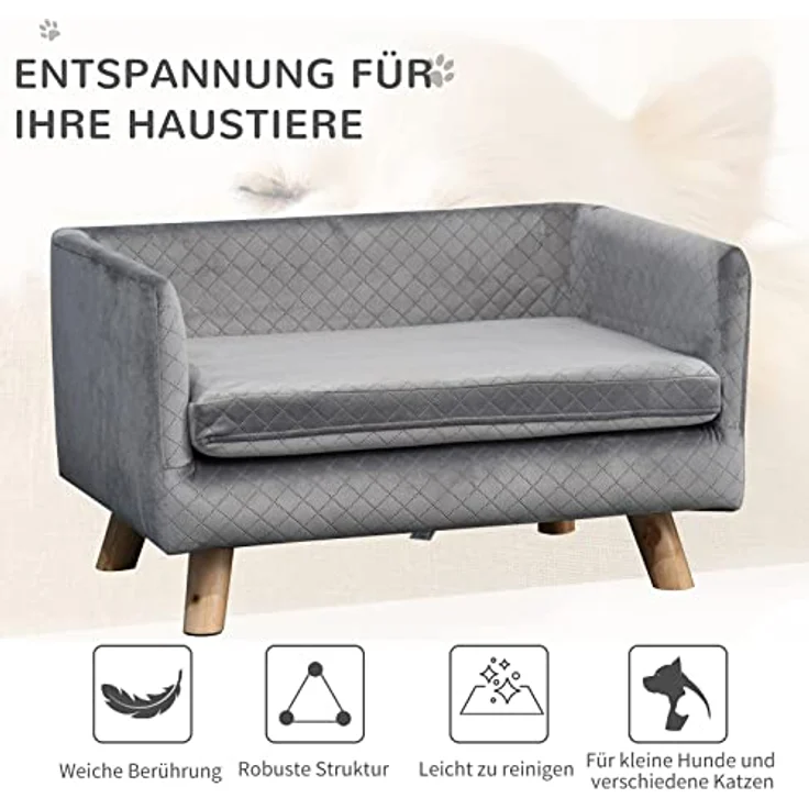 PawHut Hundesofa mit Holzbeinen Hundebett Haustiersofa Hundematte für kleine Hunde bis zu 8 kg Samt-Touch Grau 64 x 45 x 36 cm – Bild 4