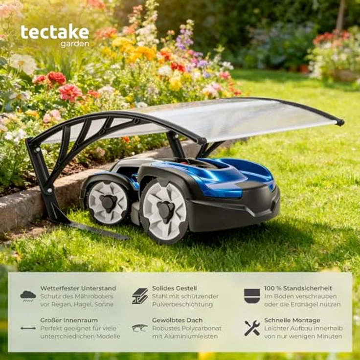 tectake Mähroboter-Garage Domus, wetterfester Unterstand für Rasenmäher-Roboter, 81 x 100 x 48 cm, inkl. 4 Erdnägel, UV-beständiges Polycarbonat-Dach – Bild 2