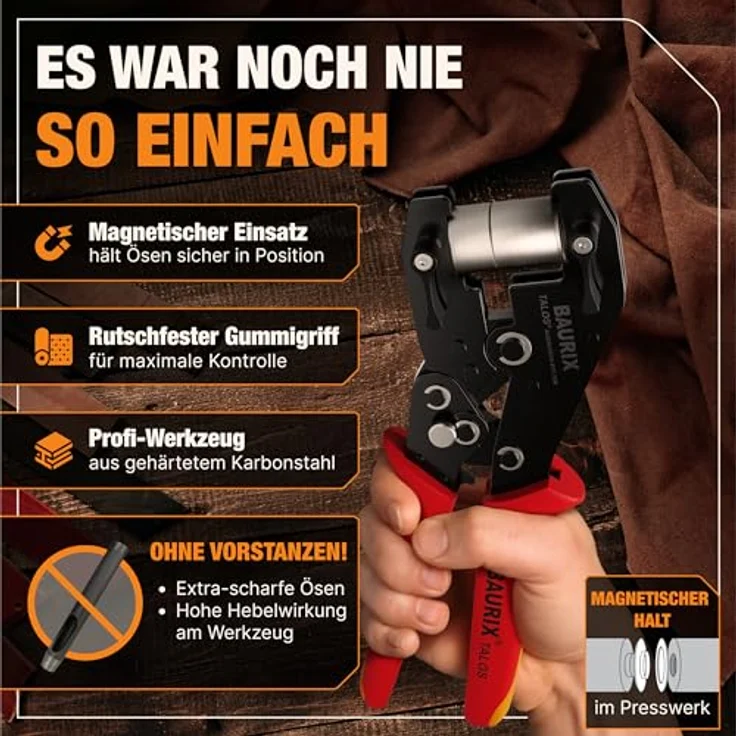 BAURIX® TALOS Ösenzange für Planen, inkl. 200 rostfreier Ösen (Ø 10mm), ohne Vorstanzen, magnetischer Halt, Karbonstahl-Werkzeug für PVC, Stoff, Leder – ideal für Schneider, Heimwerker & Bastler – Bild 5