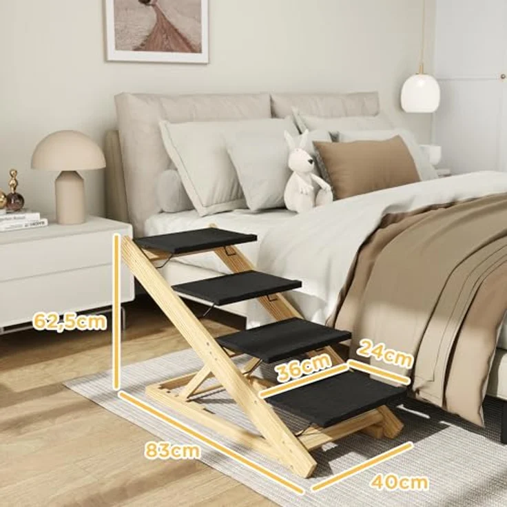 PawHut 2 in 1 Hundetreppe 4-stufige 62,5 cm Höhenverstellbar Haustiertreppe Klappbar Hunderampe mit Rutschfester Oberfläche für große Hunde bis 40 kg, Katze, Natur – Bild 5