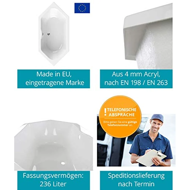 Calmwaters® Sechseck Badewanne Komplettset 190x90 cm mit Wannenfüßen & Ablaufgarnitur, Acrylwanne Exclusive, Duowanne für 2, Set Badewanne komplett, 6 Eck Wanne 190 x 90, Weiß, 99000334 – Bild 3