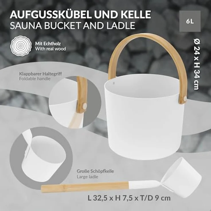 LuxeBath Saunazubehör-Set 2-TLG, Aufgusskübel aus Aluminium & Bambus, Weiß, 6L mit klappbarem Griff & Schöpfkelle, langlebiges Sauna Zubehör – Bild 3