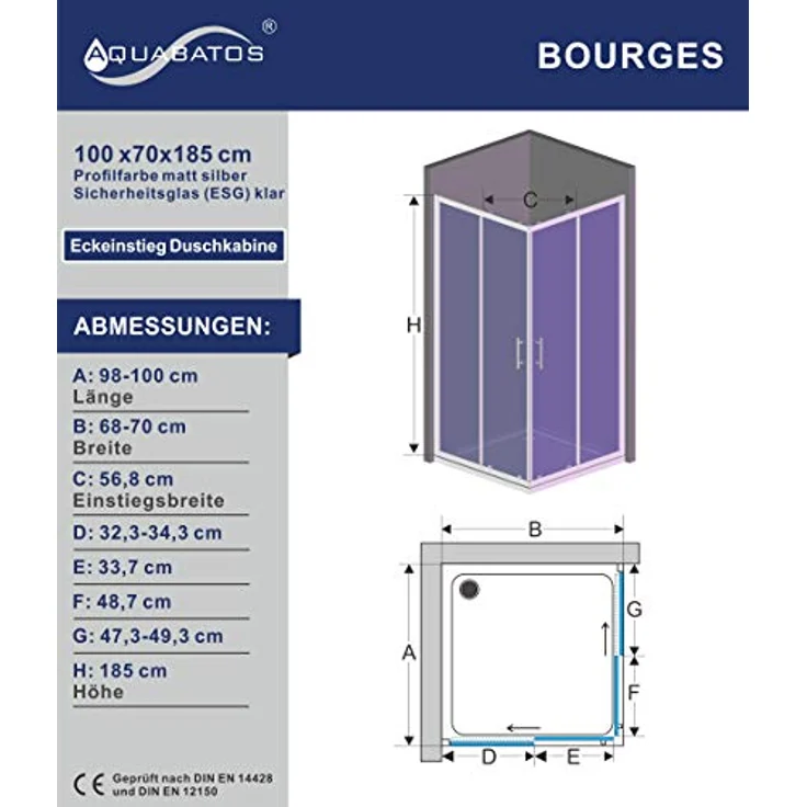 AQUABATOS Schiebetür Duschabtrennung 160 x 185 cm, Klarglas aus Sicherheitsglas (5/6mm), für Nischenmontage, inklusive Montagezubehör – Bild 6