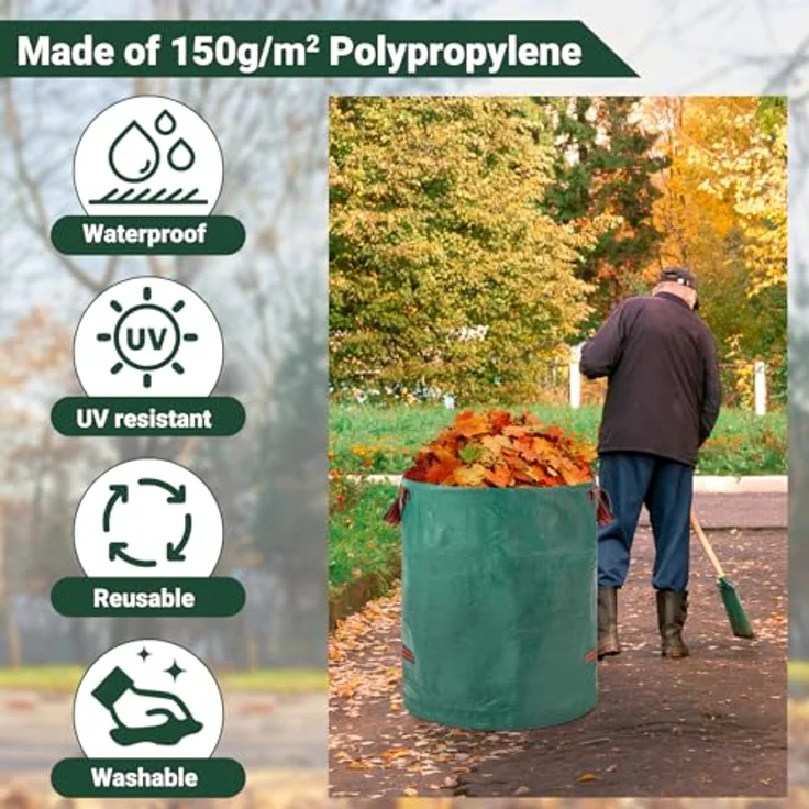Velway Gartensack 2x500L, stabil selbststehend mit 4 Griffen, robust & wasserdicht, wiederverwendbar & faltbar für Grünschnitt, Laub, Rasenschnitt, Gartenabfälle – Bild 5