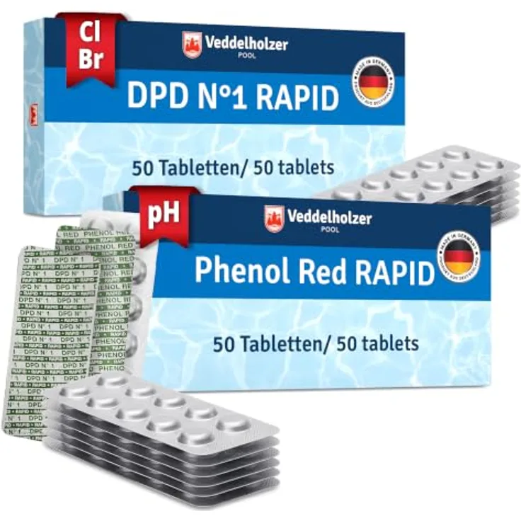 Veddelholzer Pooltester, 100 Nachfülltabletten DPD 1 Rapid und Phenol Red, für pH, freies Chlor und Brom, je 50 Stück, für Pool und Whirlpool