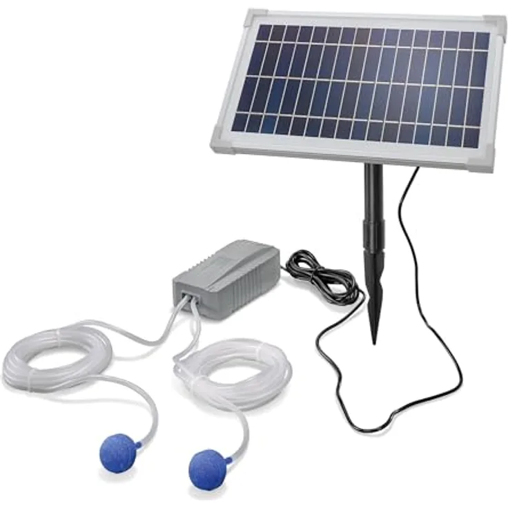 Esotec Solar Teichbelüfter Set 8/200, Sauerstoffpumpe mit 100 l/h, inklusive Luftschlauch und Luftausströmer, 8W Solarmodul, Erdspieß