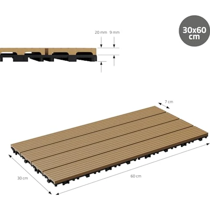 ECD Germany WPC Terrassenfliesen 60x30 cm 24er Spar Set für 4m² Teak in Holzoptik für Garten Balkon Bodenbelag mit Drainage und Klicksystem Terrassendielen Balkonfliesen Klickfliesen Holzfliesen – Bild 8