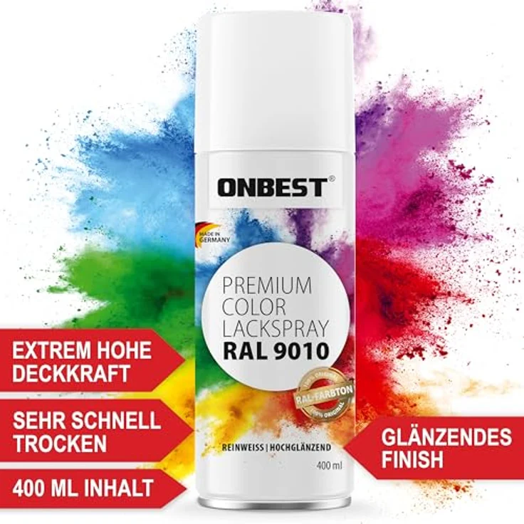 Onbest PREMIUM Lackspray, 400 ml, hohe Pigmentierung, witterungsbeständig, Verkehrsweiß Glanz (RAL 9016) – Bild 2